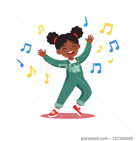 Happy dancing girl enjoying music notes around cheerful playful child vector illustration Happy dancing girl enjoying music notes around cheerful playful child vector illustration 132580089