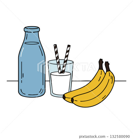 Blue bottle with glass of milk and two yellow bananas vector drawing with striped straws for healthy breakfast or snack Blue bottle with glass of milk and two yellow bananas vector drawing with striped straws for healthy breakfast or snack 132580090