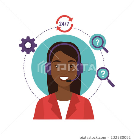 Customer support female agent with headset and 24/7 service concept for help and assistance vector illustration Customer support female agent with headset and 24/7 service concept for help and assistance vector illustration 132580091
