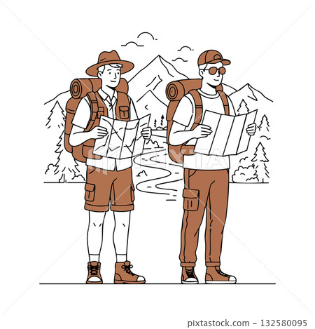 Two hikers with backpacks reading map in mountain landscape exploring nature adventure vector illustration Two hikers with backpacks reading map in mountain landscape exploring nature adventure vector illustration 132580095