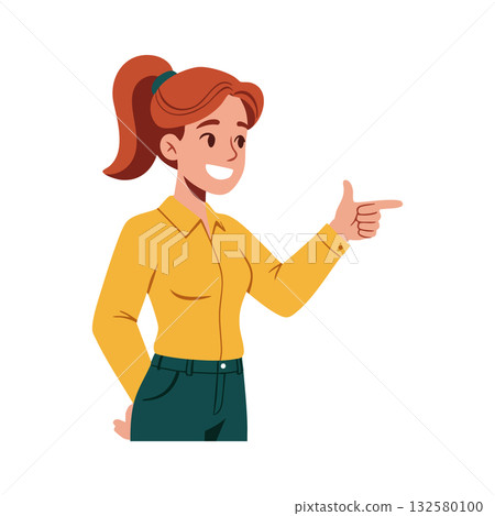 Young woman smiling and pointing finger gesture in casual yellow shirt and green pants vector illustration 132580100