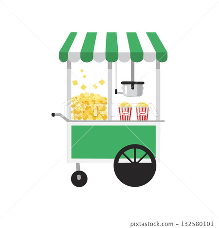 Popcorn cart with striped canopy and containers of popcorn and french fries vector illustration food snack design Popcorn cart with striped canopy and containers of popcorn and french fries vector illustration food snack design 132580101