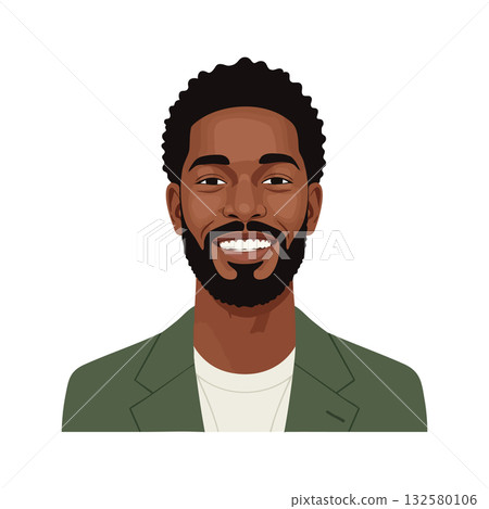 Smiling African American man with beard wearing green blazer and white shirt vector portrait illustration 132580106