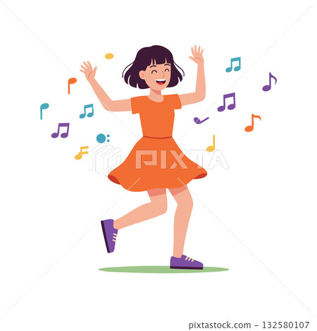 Girl dancing happily in orange dress with purple shoes surrounded by colorful musical notes vector illustration 132580107