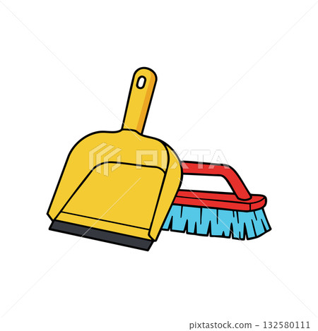 Yellow dustpan and red brush with blue bristles cleaning tools vector illustration for household chores and tidying up Yellow dustpan and red brush with blue bristles cleaning tools vector illustration for household chores and tidying up 132580111