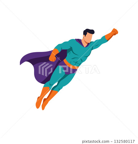 Superhero flying in dynamic pose with teal costume and purple cape vector illustration 132580117