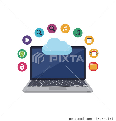 Laptop with cloud computing and colorful app icons representing music, search, calendar, and security vector design Laptop with cloud computing and colorful app icons representing music, search, calendar, and security vector design 132580131