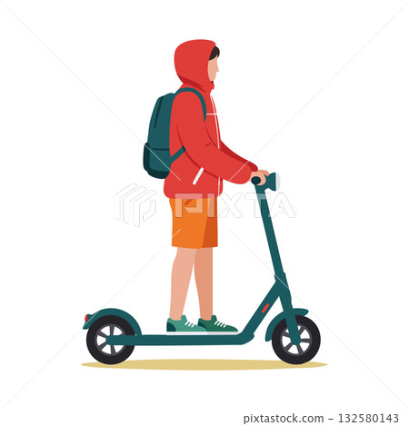 Boy riding electric scooter with backpack and red hoodie in casual urban style vector illustration Boy riding electric scooter with backpack and red hoodie in casual urban style vector illustration 132580143
