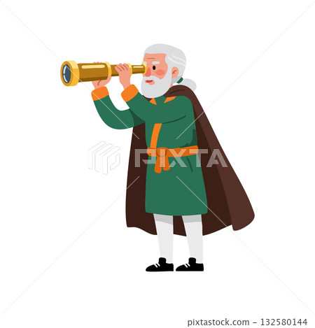 Elderly man with white hair looking through antique brass telescope wearing green robe and brown cape vector illustration Elderly man with white hair looking through antique brass telescope wearing green robe and brown cape vector illustration 132580144