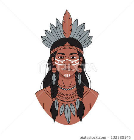 Native American woman with traditional face paint and feather headdress in vector style illustration Native American woman with traditional face paint and feather headdress in vector style illustration 132580145