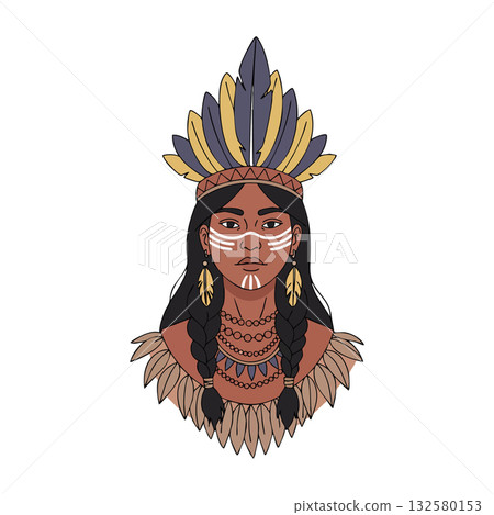Native American woman portrait with traditional feather headdress and face paint in vector style illustration 132580153