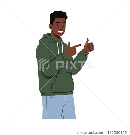Young man in green hoodie smiling and gesturing thumbs up with fingers in casual style vector image 132580155