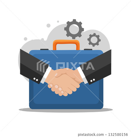 Handshake business deal with briefcase and gears background vector illustration for professional cooperation and partnership concept 132580156