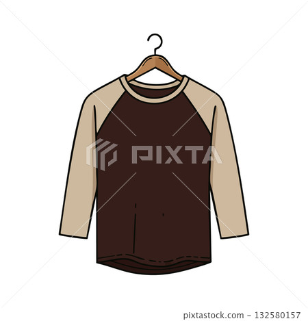 Brown and beige long sleeve raglan shirt hanging on wooden hanger simple vector design casual apparel clothing illustration 132580157