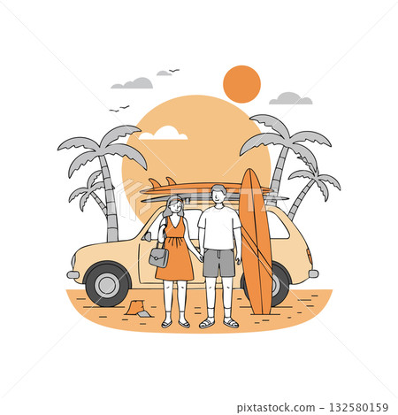 Couple standing near car holding surfboard on beach with palm trees and sunset vector illustration 132580159