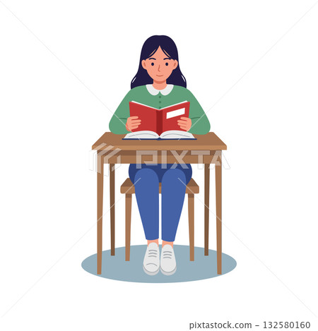 Young woman reading book at wooden desk indoor learning education concept vector illustration 132580160