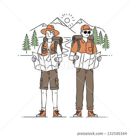 Two hikers exploring nature with backpacks and maps in mountain landscape vector illustration 132580164