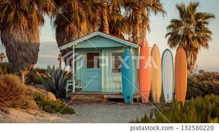 Surfboards lined up by a beach hut 132580220