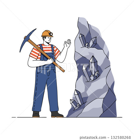 Miner holding pickaxe standing next to large crystal rock mining industry worker vector illustration 132580268