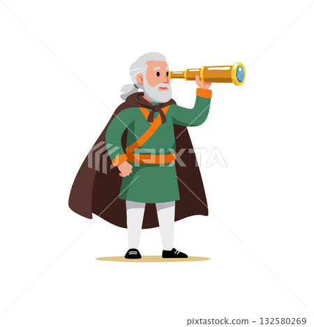 Old man explorer using brass telescope on white background in vector style for adventure and discovery concepts Old man explorer using brass telescope on white background in vector style for adventure and discovery concepts 132580269