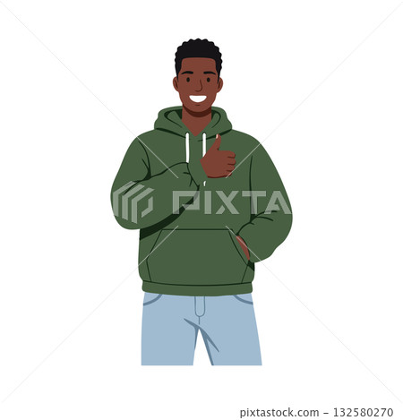 Young man wearing green hoodie giving thumbs up gesture smiling friendly casual style vector illustration Young man wearing green hoodie giving thumbs up gesture smiling friendly casual style vector illustration 132580270