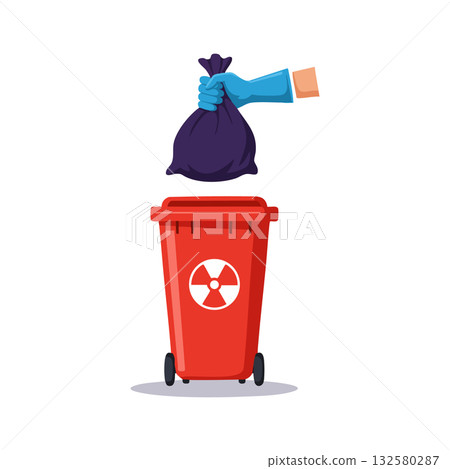 Radioactive waste disposal with gloved hand holding toxic trash bag above red bin vector illustration Radioactive waste disposal with gloved hand holding toxic trash bag above red bin vector illustration 132580287