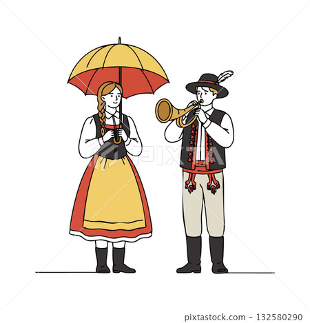 Traditional folk costumes with umbrella and horn player in vintage cultural attire vector illustration Traditional folk costumes with umbrella and horn player in vintage cultural attire vector illustration 132580290