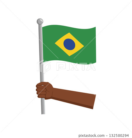 Hand holding Brazilian flag waving green yellow and blue colors patriotism symbol vector illustration Hand holding Brazilian flag waving green yellow and blue colors patriotism symbol vector illustration 132580294