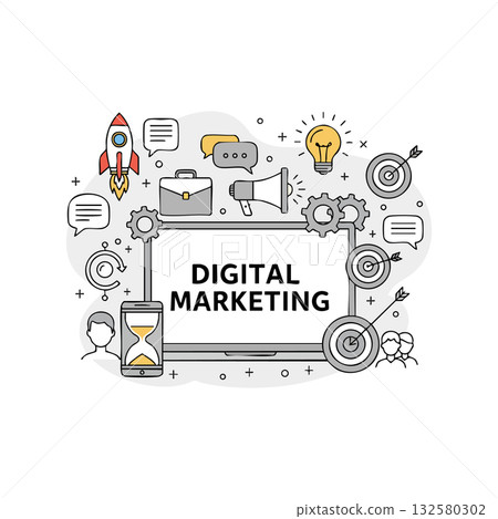 Digital marketing concept with icons for business strategy and communication in creative vector design 132580302