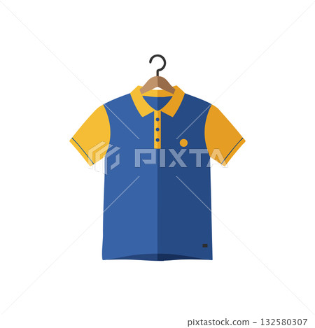 Polo shirt on hanger with yellow sleeves and collar in flat vector style for casual fashion design 132580307
