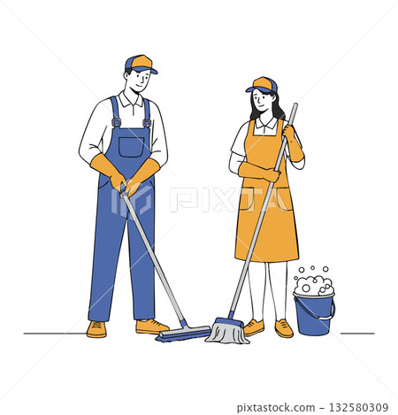Cleaning workers wearing protective gloves and aprons with mop and broom performing janitorial tasks vector illustration 132580309
