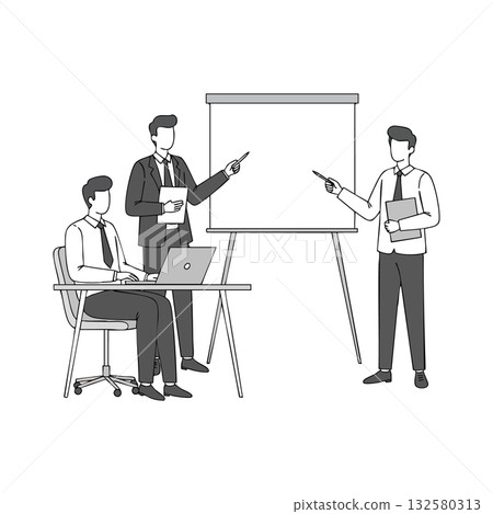 Businessmen discussing presentation ideas with laptop and flip chart in office meeting room vector illustration Businessmen discussing presentation ideas with laptop and flip chart in office meeting room vector illustration 132580313