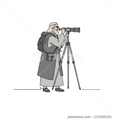 Elderly man photographer using camera on tripod capturing moments in grey outfit and backpack vector illustration 132580320