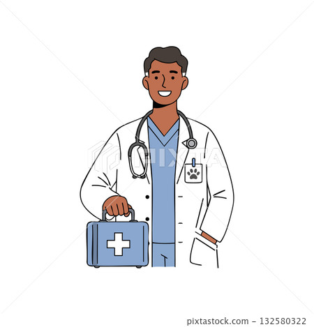 Male veterinarian holding medical kit smiling wearing white coat and stethoscope professional animal doctor vector illustration Male veterinarian holding medical kit smiling wearing white coat and stethoscope professional animal doctor vector illustration 132580322