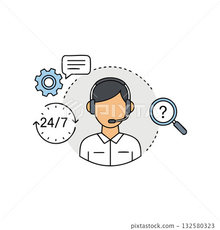 Customer support representative with headset providing 24/7 service and technical assistance vector illustration 132580323