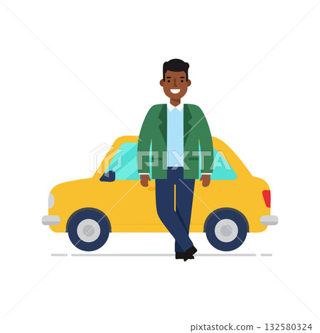 Man standing next to yellow car smiling casual urban transportation vehicle lifestyle vector illustration 132580324