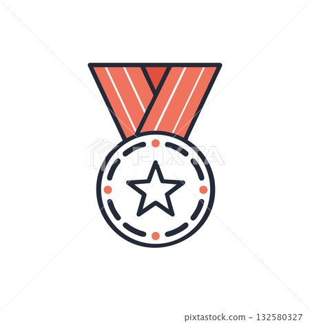 Medal with star symbol and orange ribbon vector icon for achievement and award concept design graphic 132580327