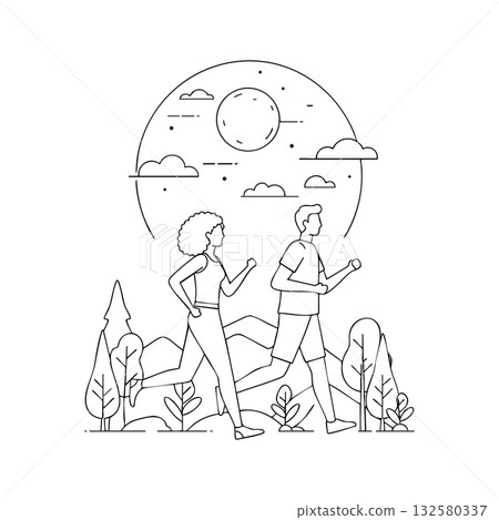 Man and woman jogging outdoors with mountain landscape and sun in background vector line art illustration Man and woman jogging outdoors with mountain landscape and sun in background vector line art illustration 132580337