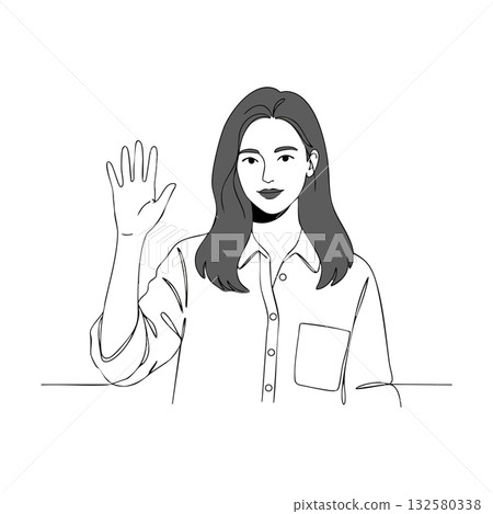 Woman waving hand greeting gesture black and white line art portrait vector illustration Woman waving hand greeting gesture black and white line art portrait vector illustration 132580338