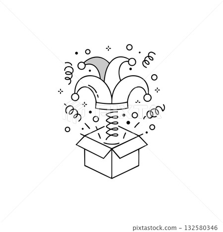 Jack in the box toy with jester hat and confetti playful surprise celebration vector illustration 132580346