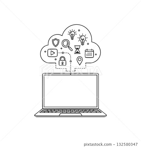 Laptop with cloud computing icons showing technology and data security concepts in modern digital design vector illustration Laptop with cloud computing icons showing technology and data security concepts in modern digital design vector illustration 132580347