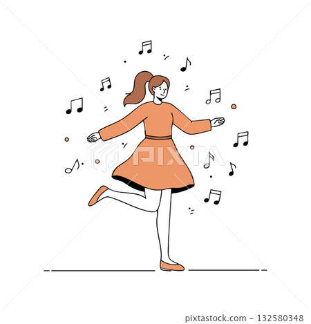 Girl Dancing Joyfully with Music Notes Around in Orange Dress Vector Illustration 132580348