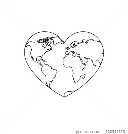Heart shaped world map outline showing continents with clean simple black lines for global love and unity design vector illustration Heart shaped world map outline showing continents with clean simple black lines for global love and unity design vector illustration 132580353