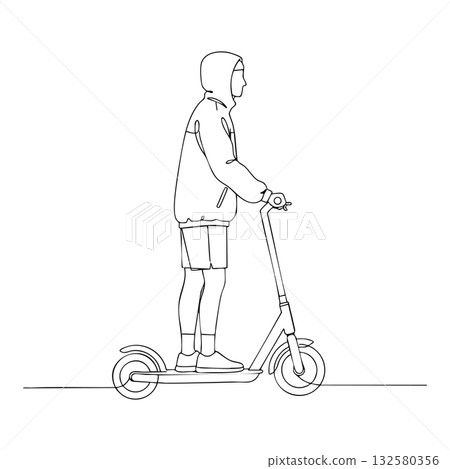 Person riding electric scooter wearing hoodie and shorts urban mobility vector outline design 132580356
