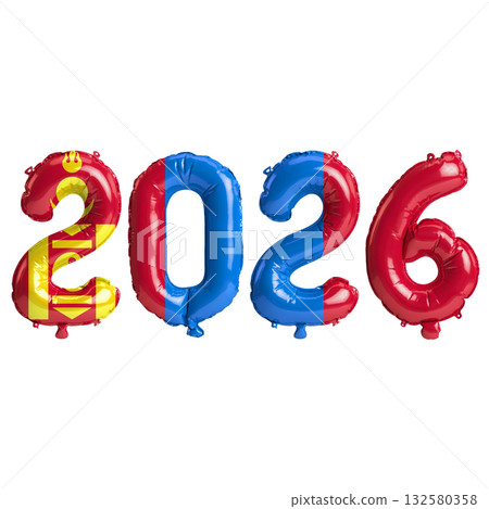 Mongolia flag colors 2026 3d illustration, balloon numbers 3d rendering on .. Mongolia flag colors 2026 3d illustration, balloon numbers 3d rendering on .. 132580358
