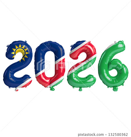 Namibia flag colors 2026 3d illustration, balloon numbers 3d rendering on t.. 132580362