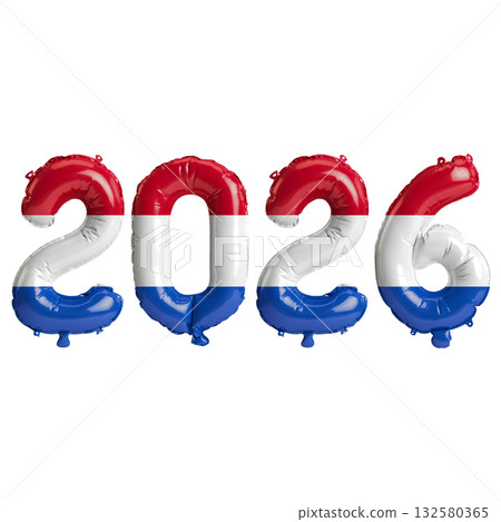 Netherlands flag colors 2026 3d illustration, balloon numbers 3d rendering .. Netherlands flag colors 2026 3d illustration, balloon numbers 3d rendering .. 132580365