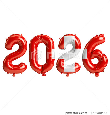Switzerland flag colors 2026 3d illustration, balloon numbers 3d rendering .. 132580485