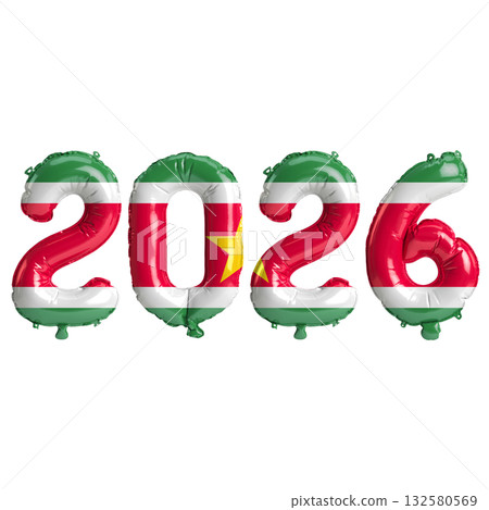 Suriname flag colors 2026 3d illustration, balloon numbers 3d rendering on .. 132580569