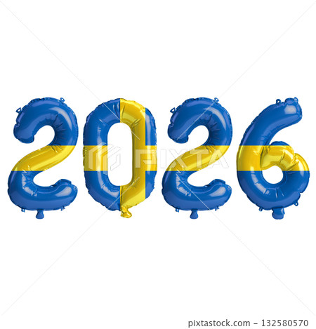 Sweden flag colors 2026 3d illustration, balloon numbers 3d rendering on tr.. 132580570